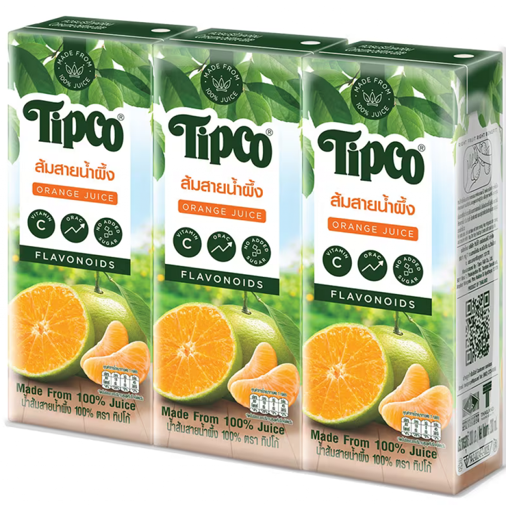 Tipco 100percent Sainamphueng Orange Juice 200ml. Pack 3