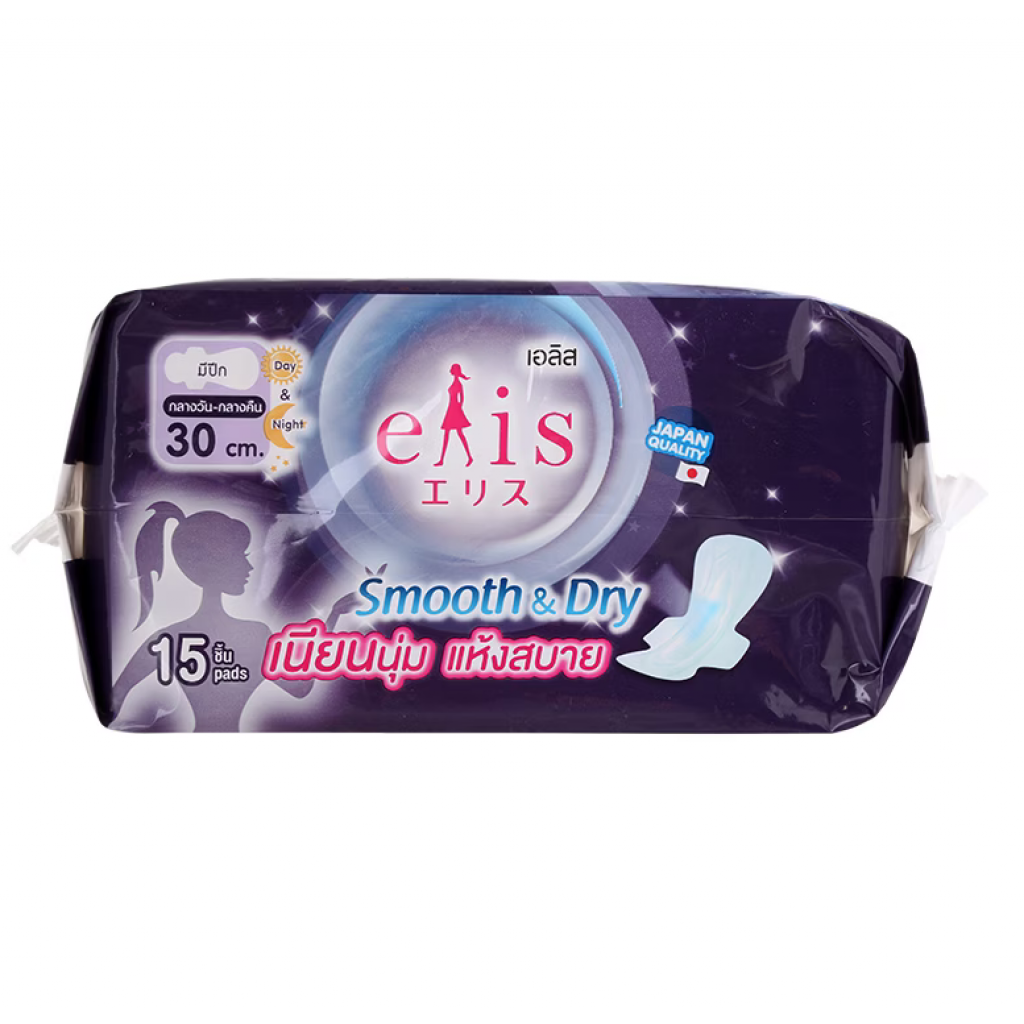 Elis Smooth and Dry Sanitary Napkin Night Slim Wings 30cm. 15pcs.