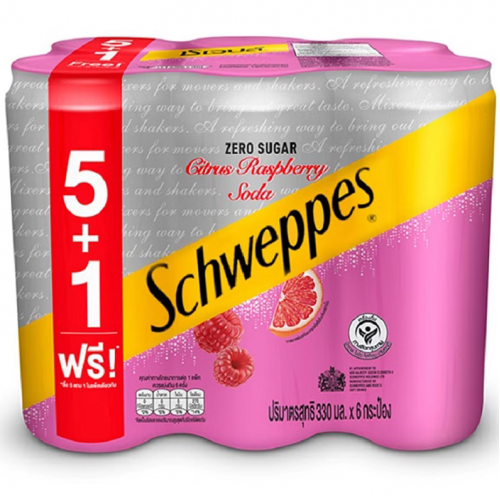 Schweppes Zero Sugar Citrus Raspberry Soda 330ml. Pack 5 Free 1