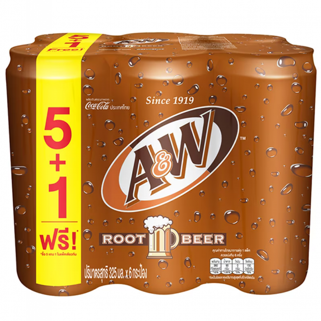 A and W Rootbeer Soft Drink 325ml. Pack 5 Free 1