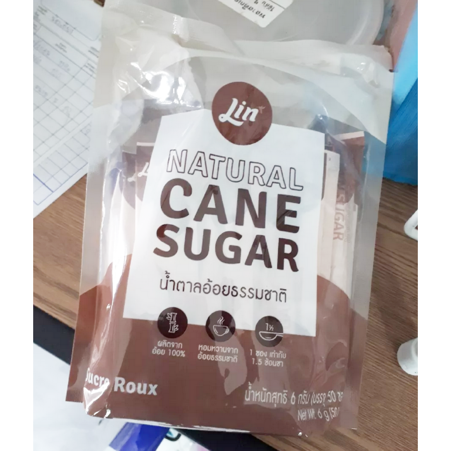 Lin Natural Cane Stick Sugar 6g. Pack 50sachets