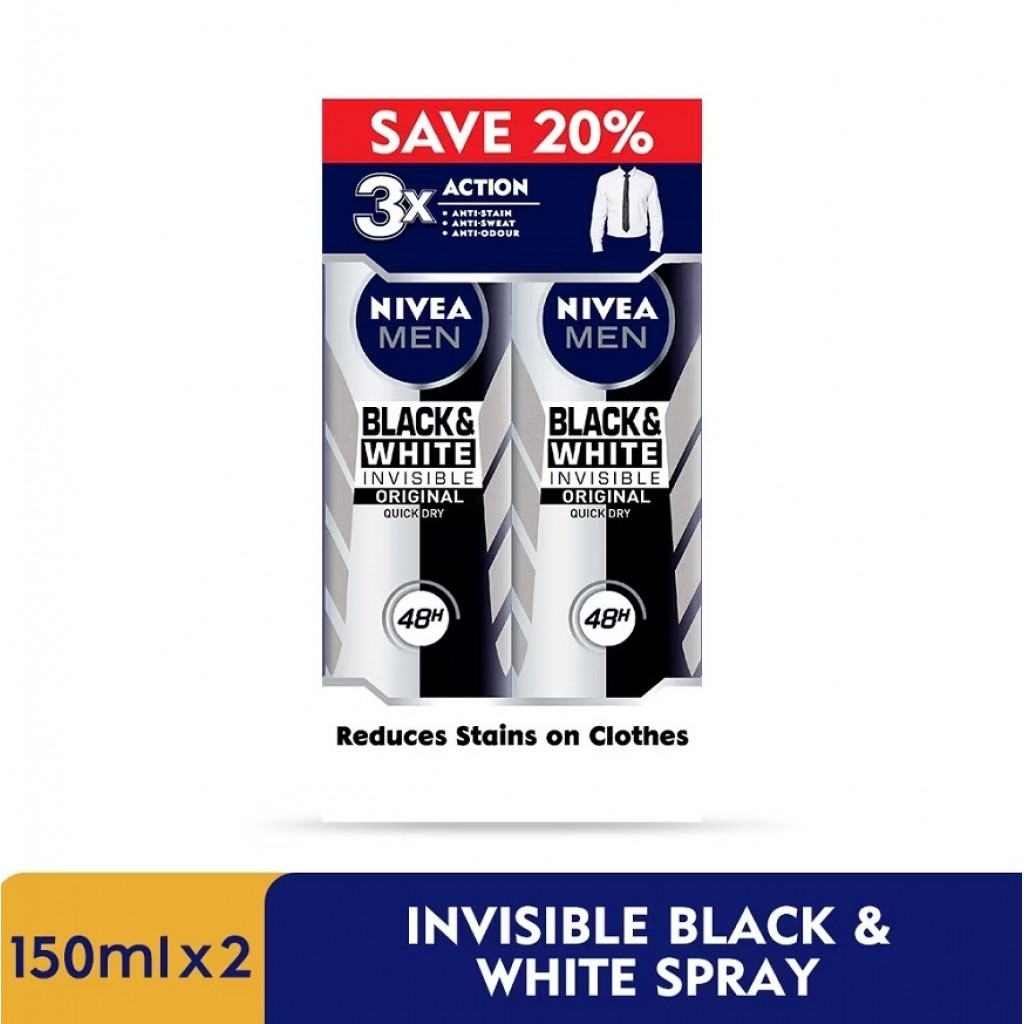 Nivea Men Black and White Invisible Spray 150ml. Pack 2